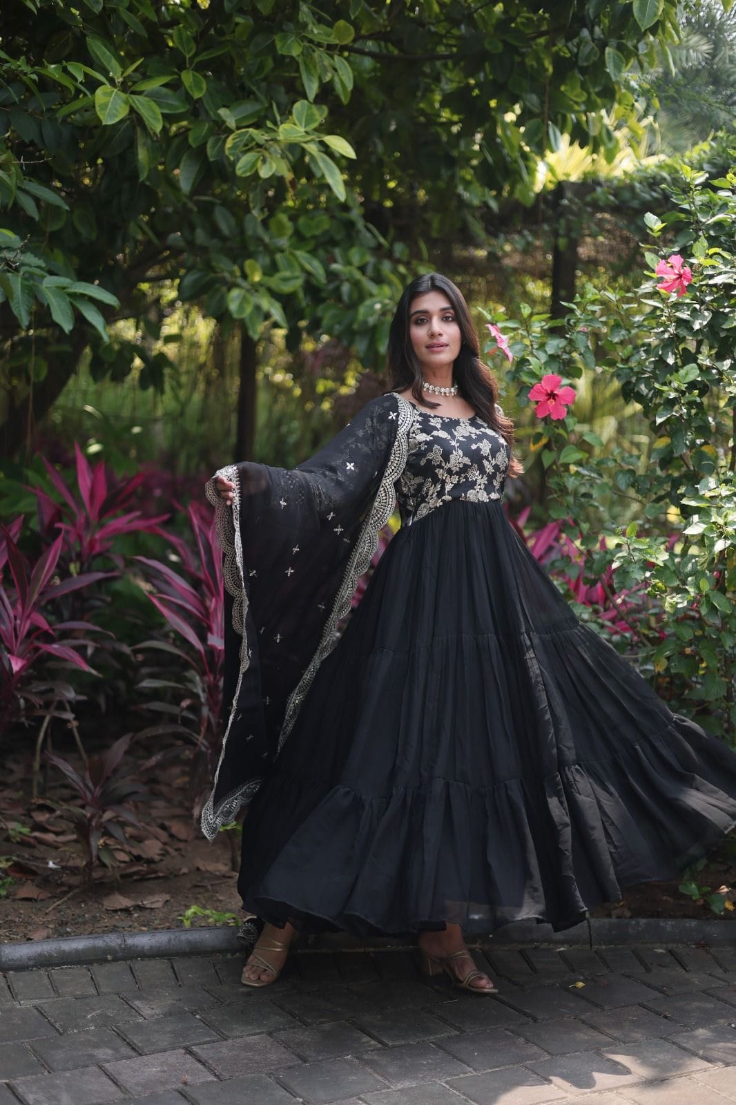 Flared Ethnic Gown with Bandhani Organza Dupatta – Sequins Embroidery & 12-Meter Flair
