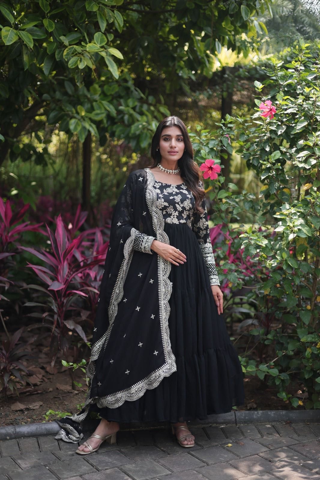 Flared Ethnic Gown with Bandhani Organza Dupatta – Sequins Embroidery & 12-Meter Flair