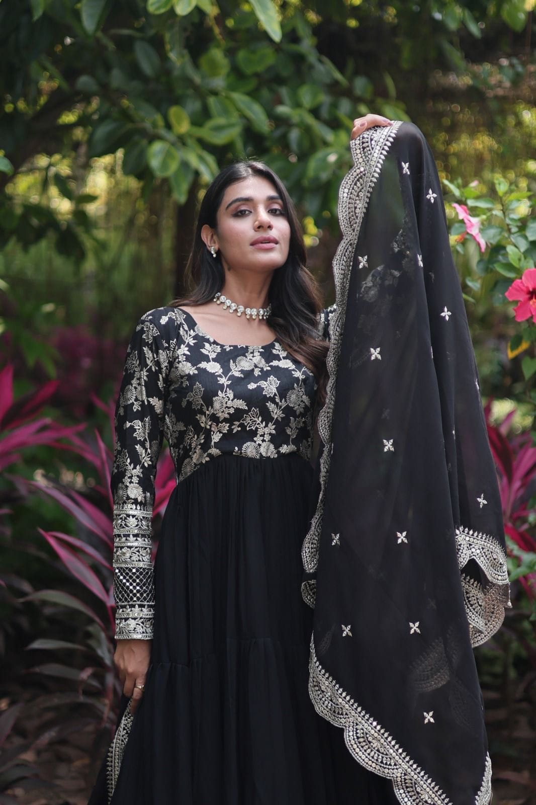 Flared Ethnic Gown with Bandhani Organza Dupatta – Sequins Embroidery & 12-Meter Flair