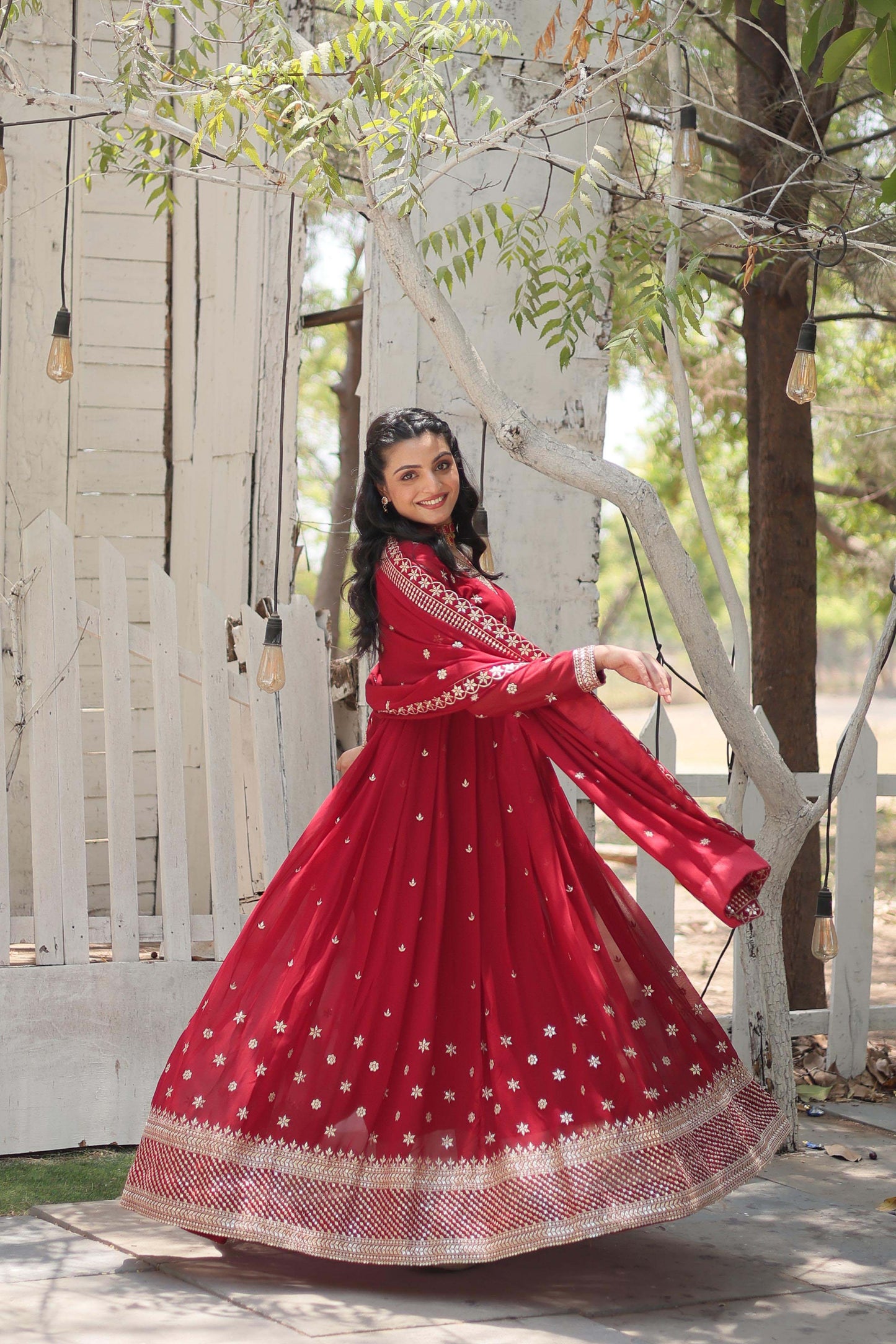 Women’s Floral Embroidered Pleated Sequins Kurta with Churidar & Dupatta – Faux Blooming Fabric