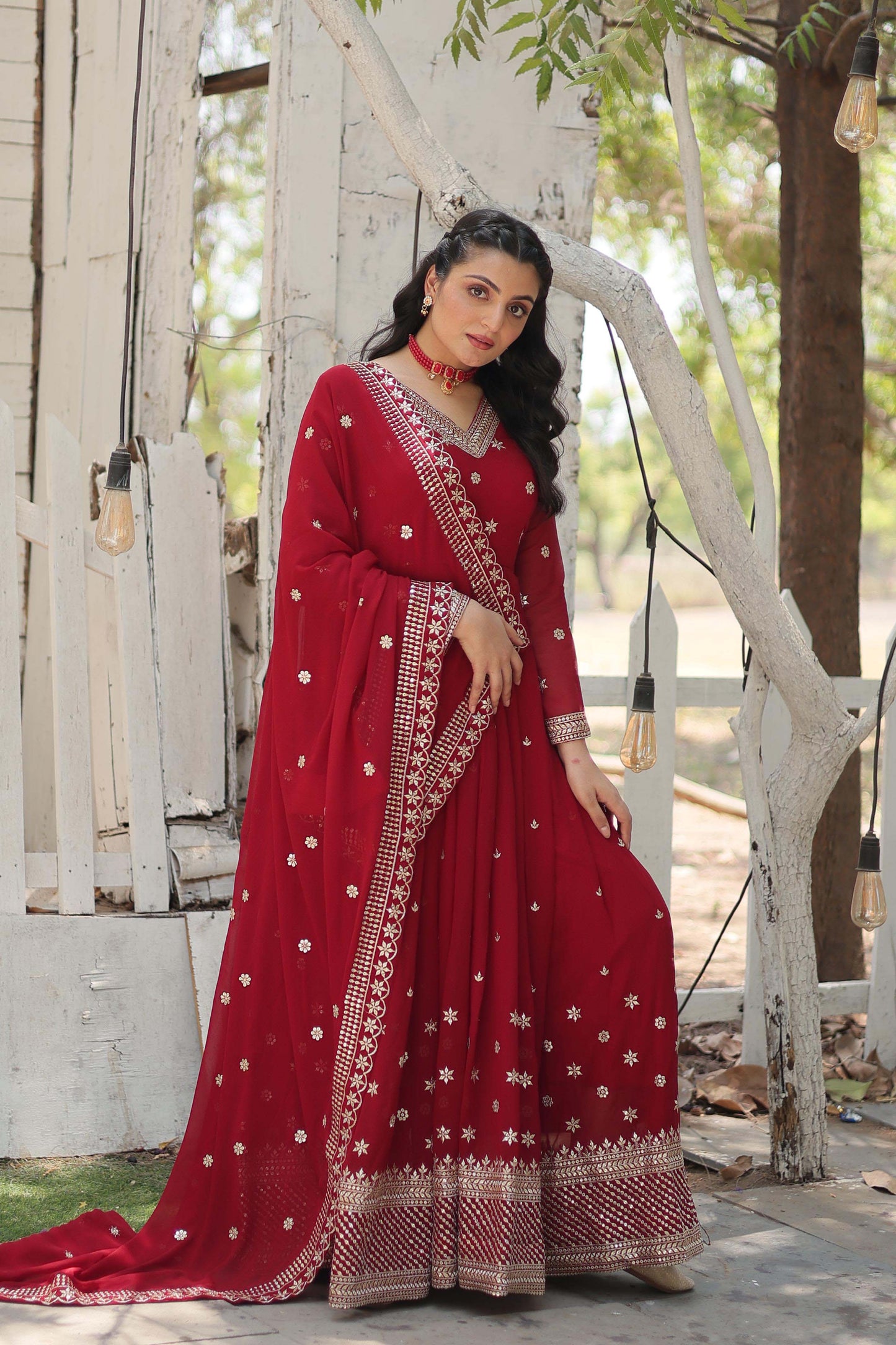 Women’s Floral Embroidered Pleated Sequins Kurta with Churidar & Dupatta – Faux Blooming Fabric