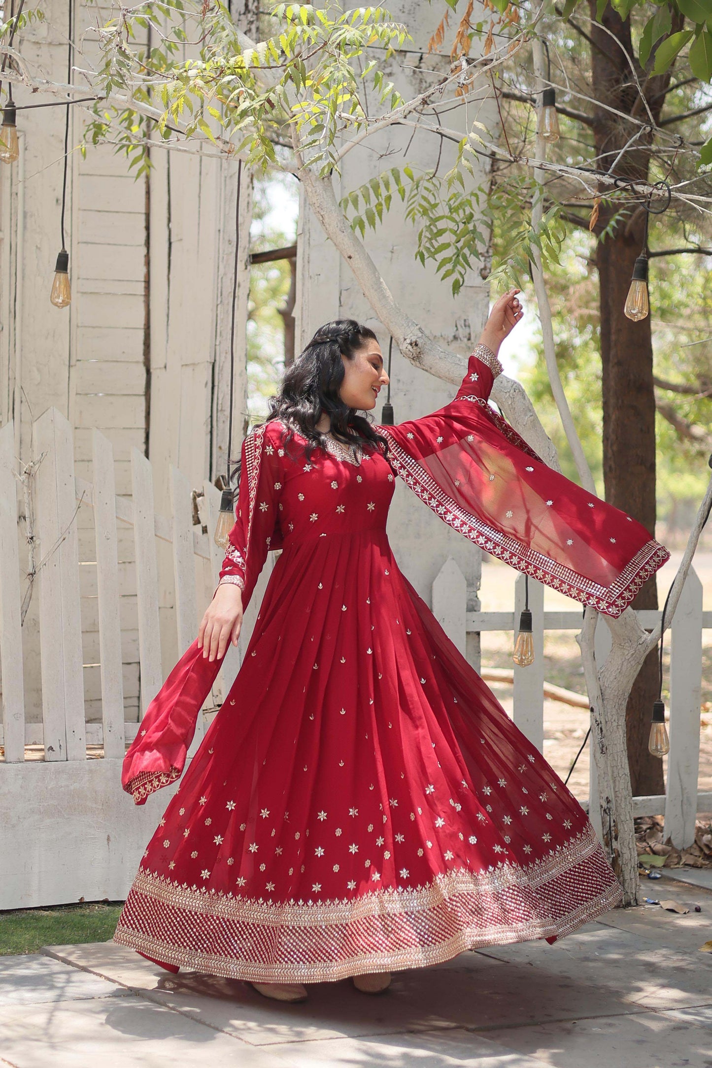 Women’s Floral Embroidered Pleated Sequins Kurta with Churidar & Dupatta – Faux Blooming Fabric