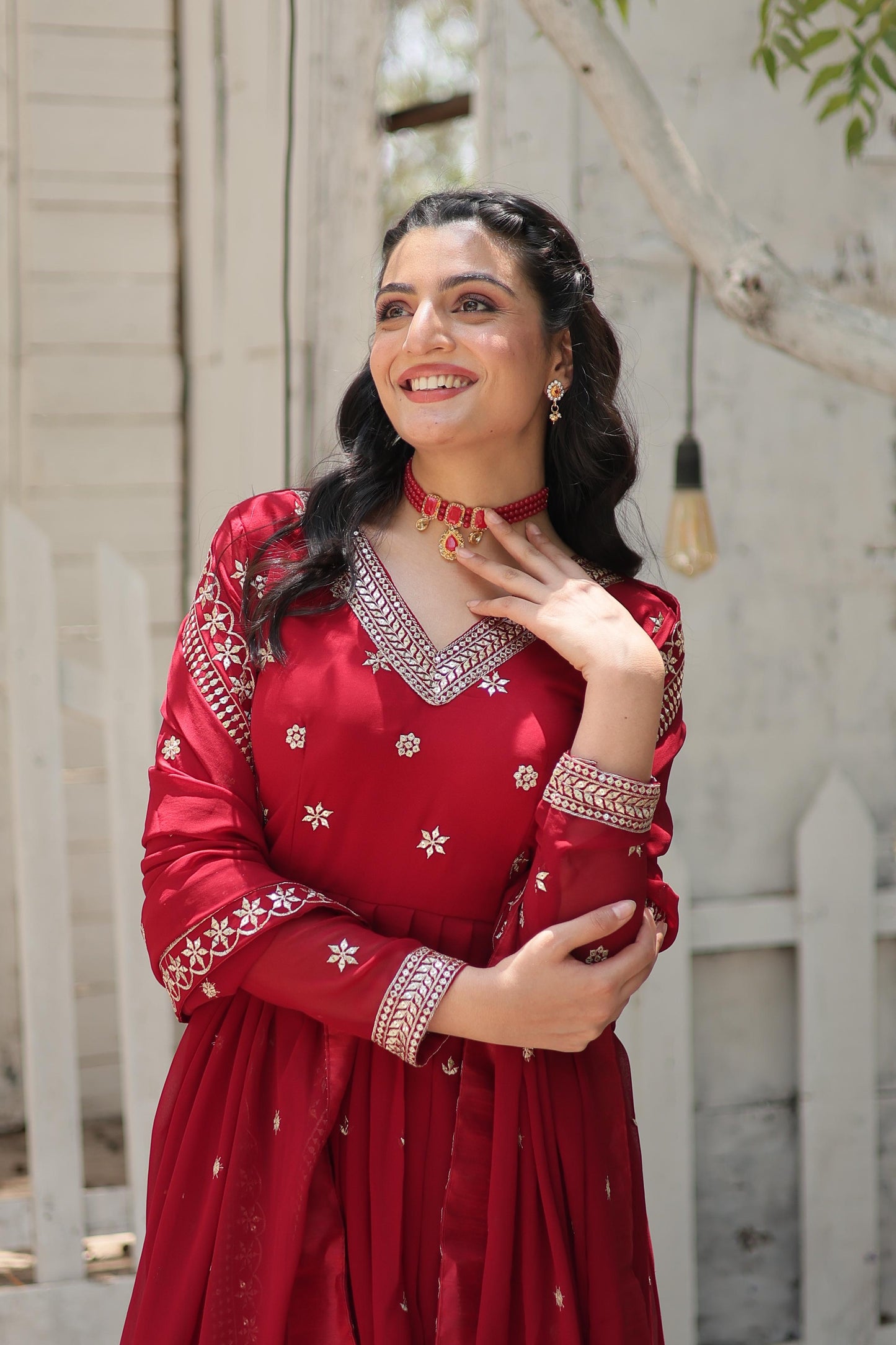 Women’s Floral Embroidered Pleated Sequins Kurta with Churidar & Dupatta – Faux Blooming Fabric