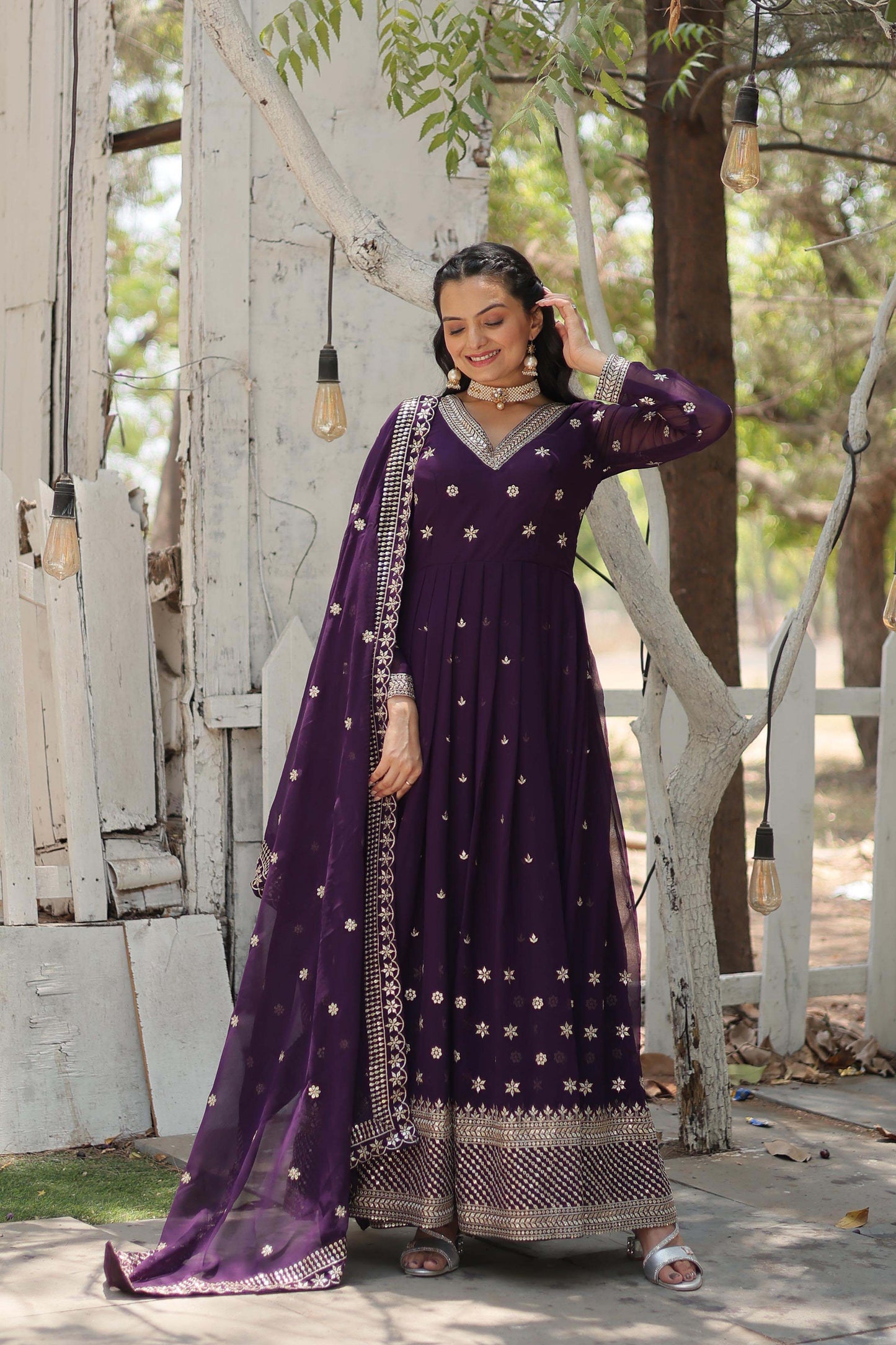 Women’s Floral Embroidered Pleated Sequins Kurta with Churidar & Dupatta – Faux Blooming Fabric