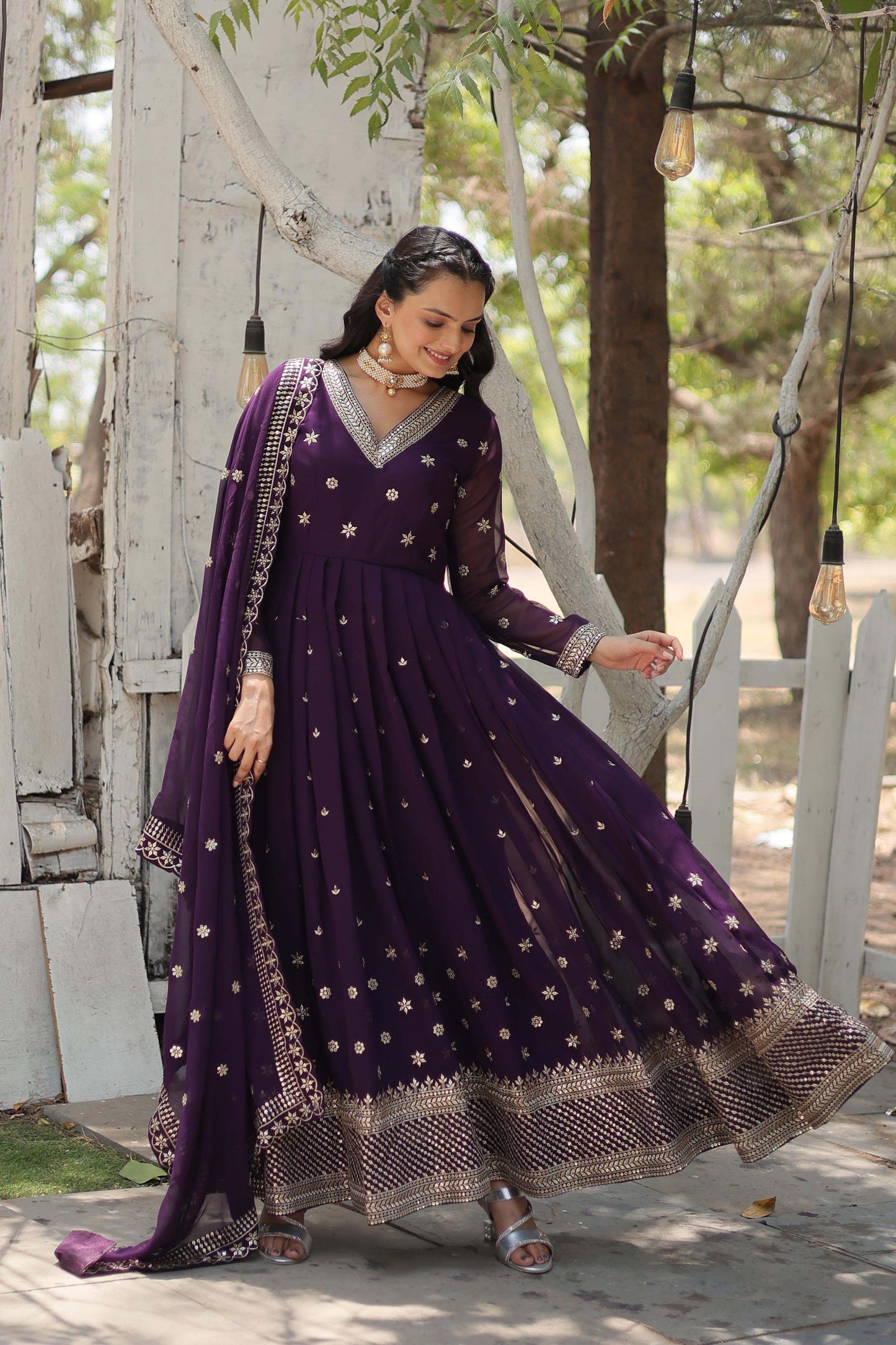 Women’s Floral Embroidered Pleated Sequins Kurta with Churidar & Dupatta – Faux Blooming Fabric