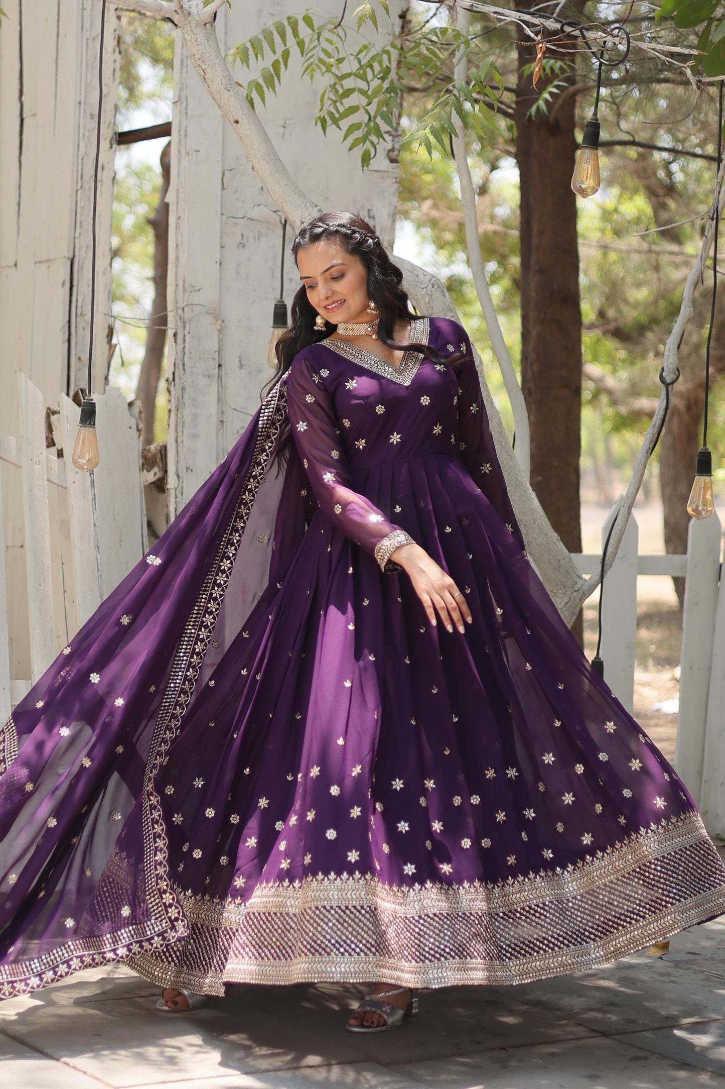 Women’s Floral Embroidered Pleated Sequins Kurta with Churidar & Dupatta – Faux Blooming Fabric