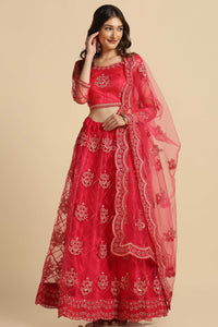 Rama & Pink Net Fabric Embroidery Lehenga With Anarkali Flare For Women