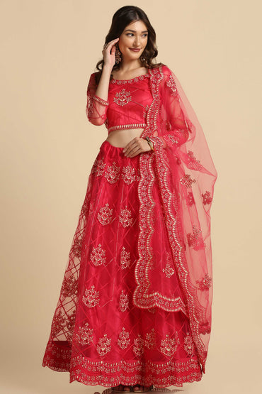 Rama & Pink Net Fabric Embroidery Lehenga With Anarkali Flare For Women