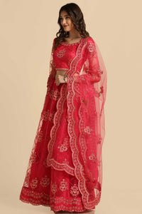 Rama & Pink Net Fabric Embroidery Lehenga With Anarkali Flare For Women