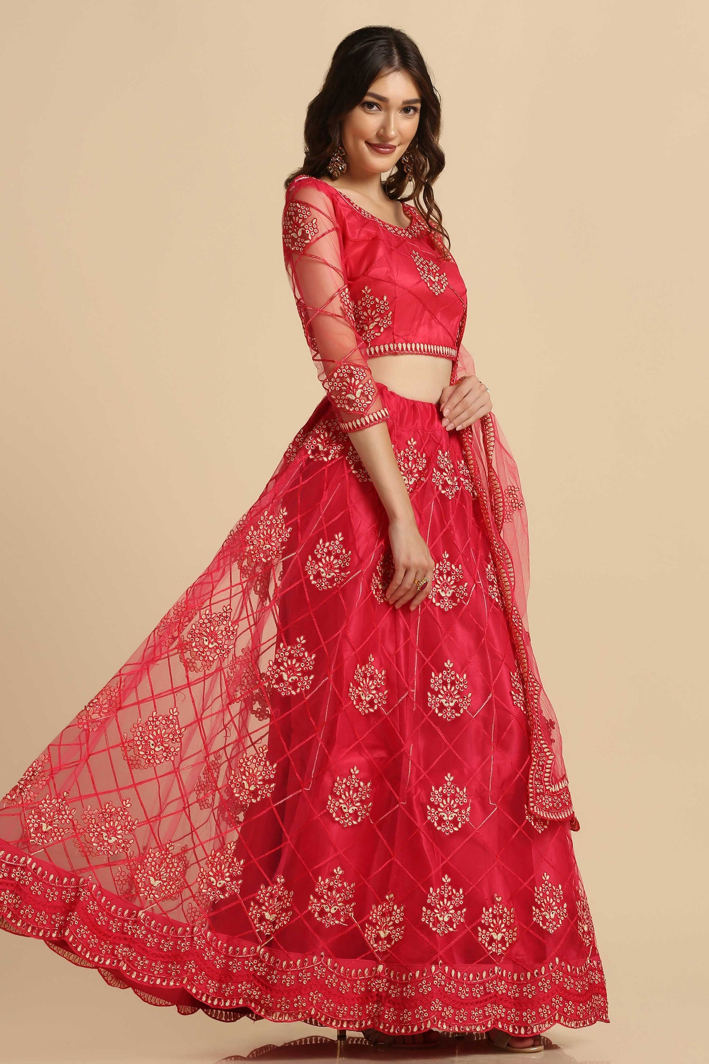 Rama & Pink Net Fabric Embroidery Lehenga With Anarkali Flare For Women