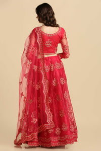 Rama & Pink Net Fabric Embroidery Lehenga With Anarkali Flare For Women