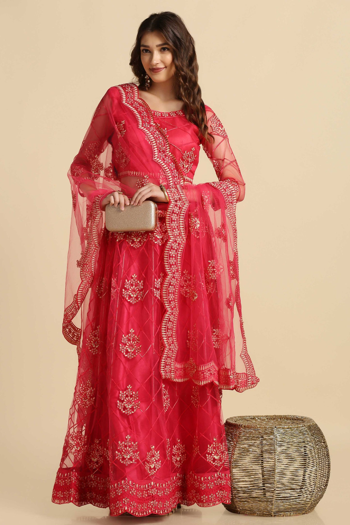 Rama & Pink Net Fabric Embroidery Lehenga With Anarkali Flare For Women