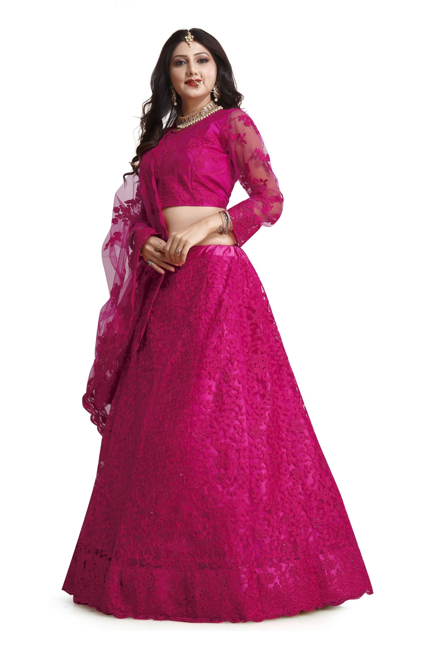 Embroidered Net Lehenga Choli in Blue,Red,Pink & Green