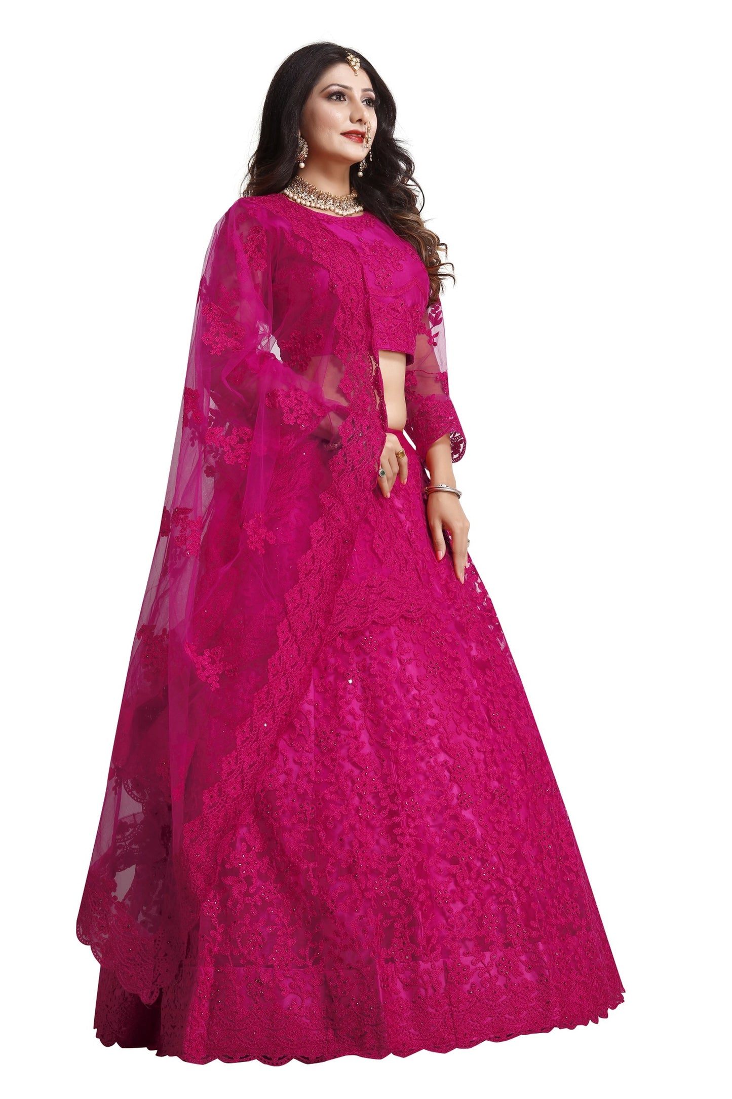 Embroidered Net Lehenga Choli in Blue,Red,Pink & Green