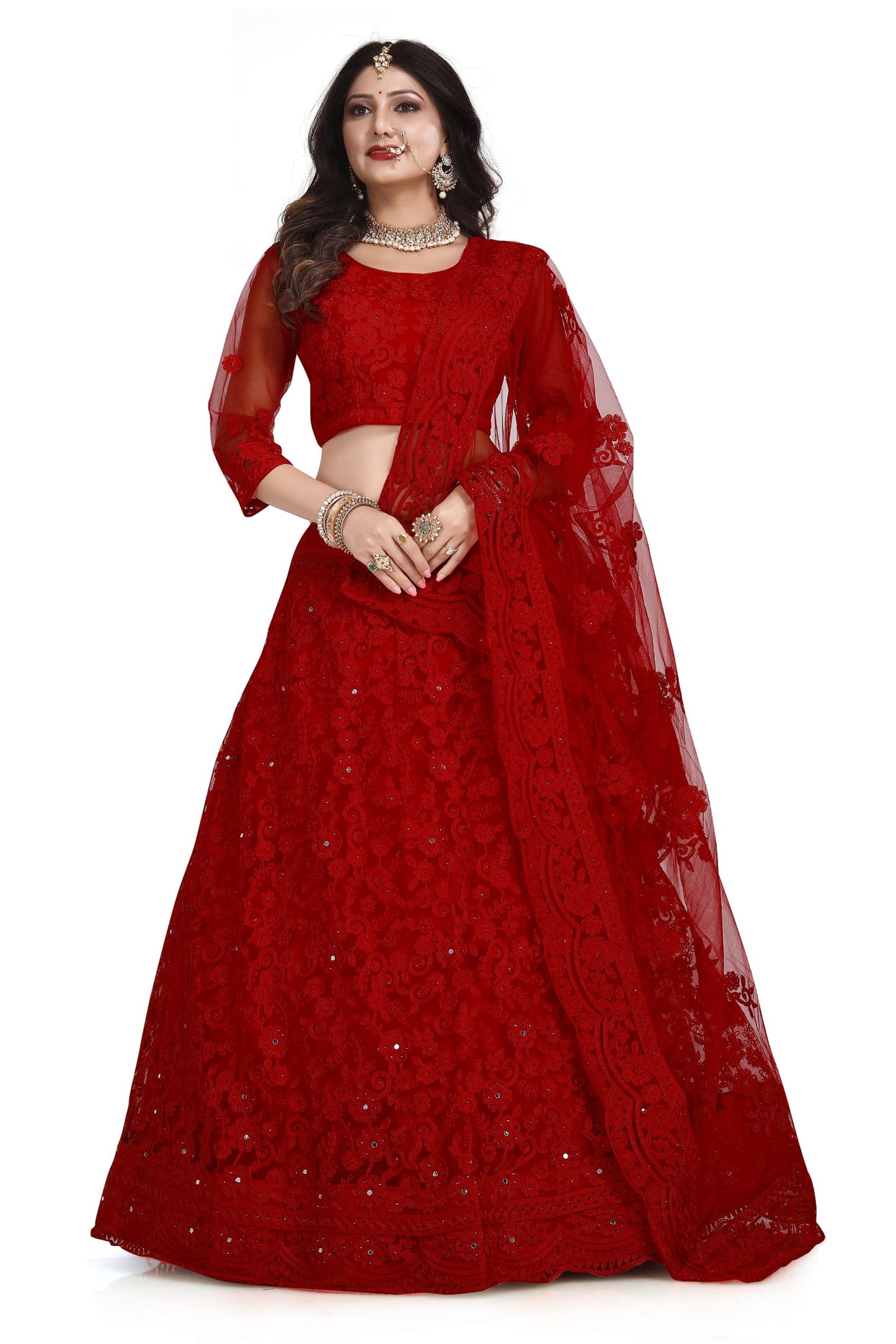 Net Red Stone Embellished Panelled Style Lehenga