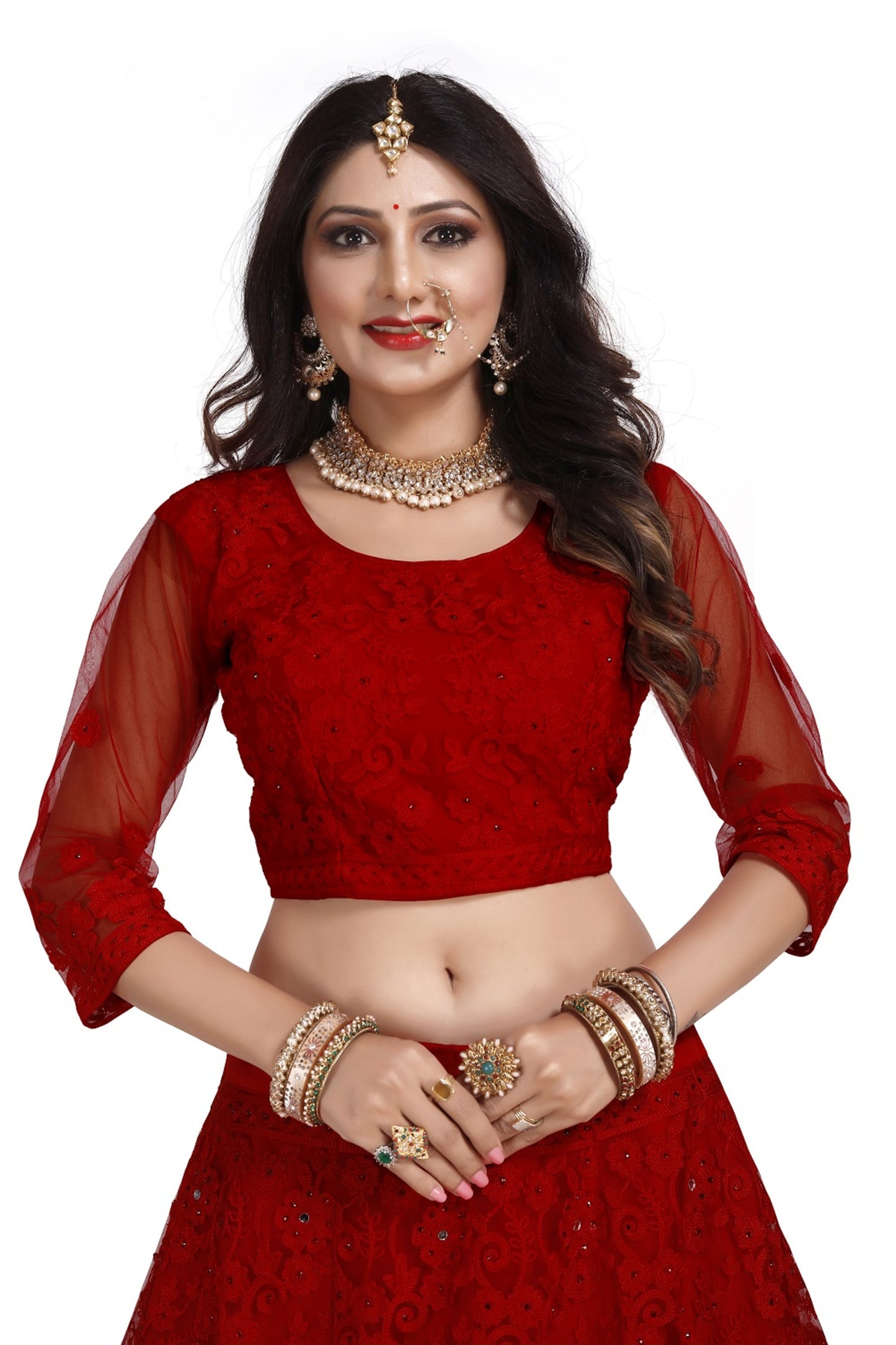 Net Red Stone Embellished Panelled Style Lehenga