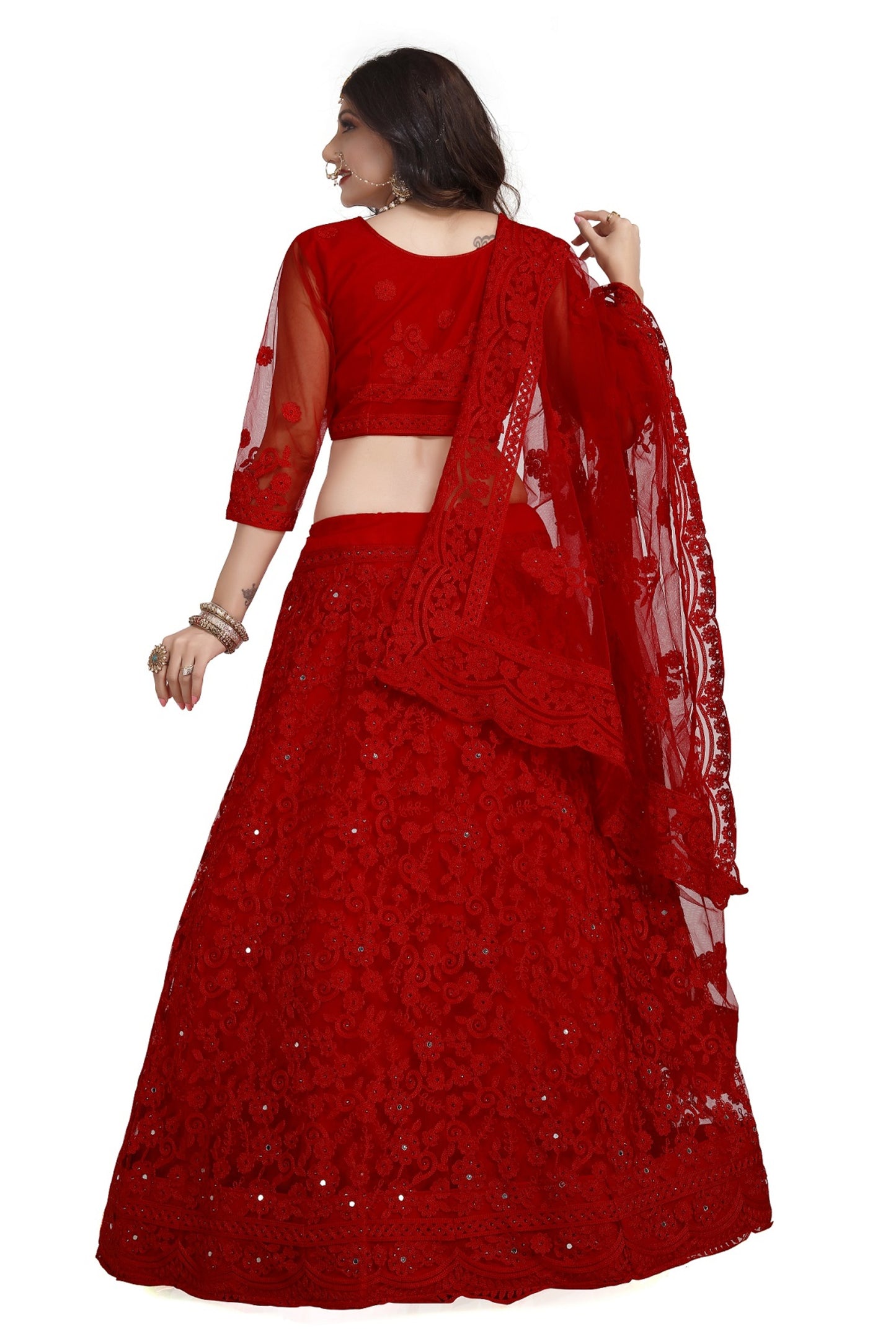 Net Red Stone Embellished Panelled Style Lehenga