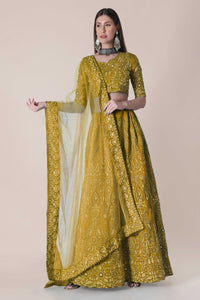 Bollyclues Women's Yellow Net Embroidered Semi-Stitched Lehenga Choli