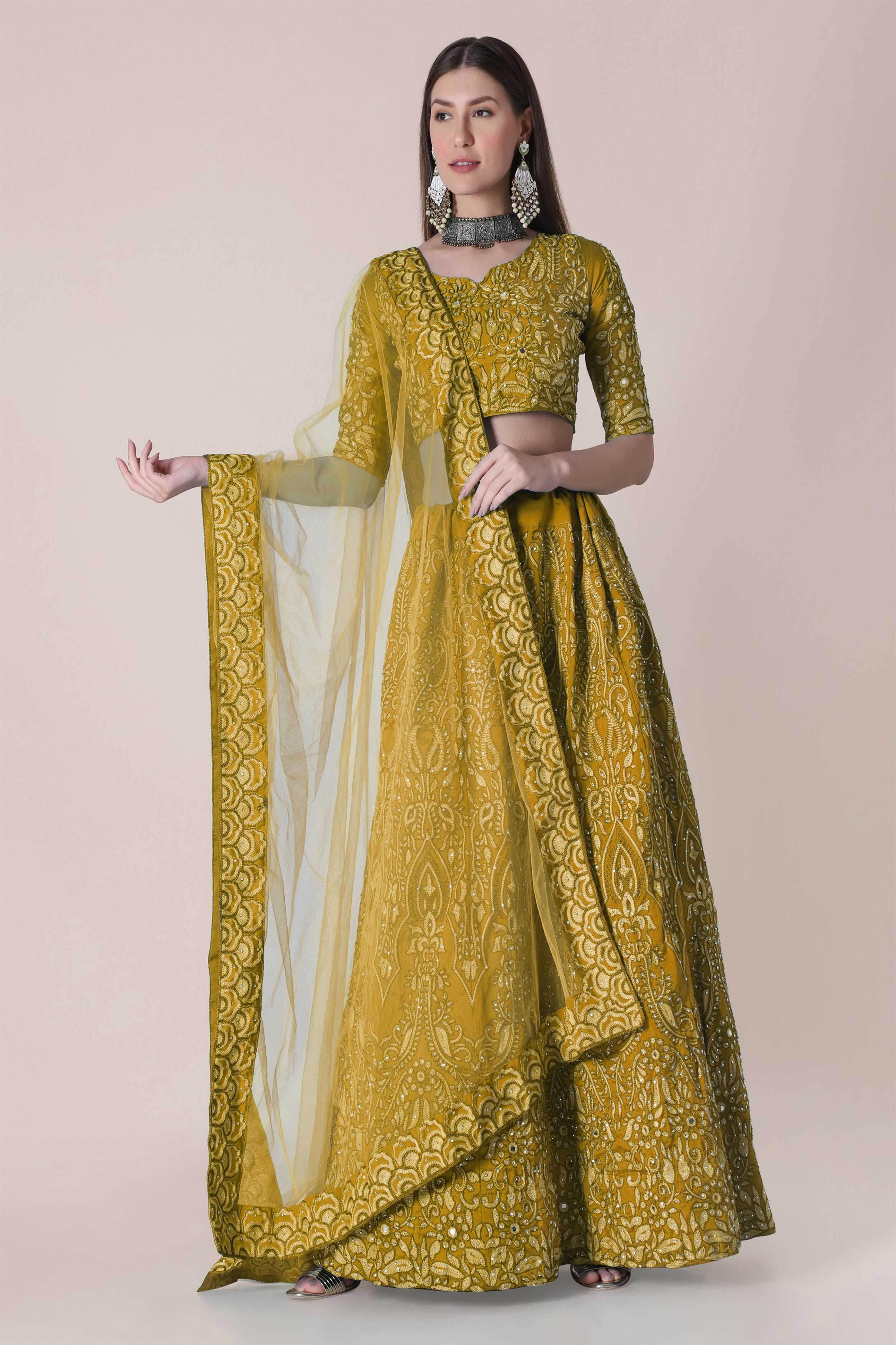 Bollyclues Women's Yellow Net Embroidered Semi-Stitched Lehenga Choli