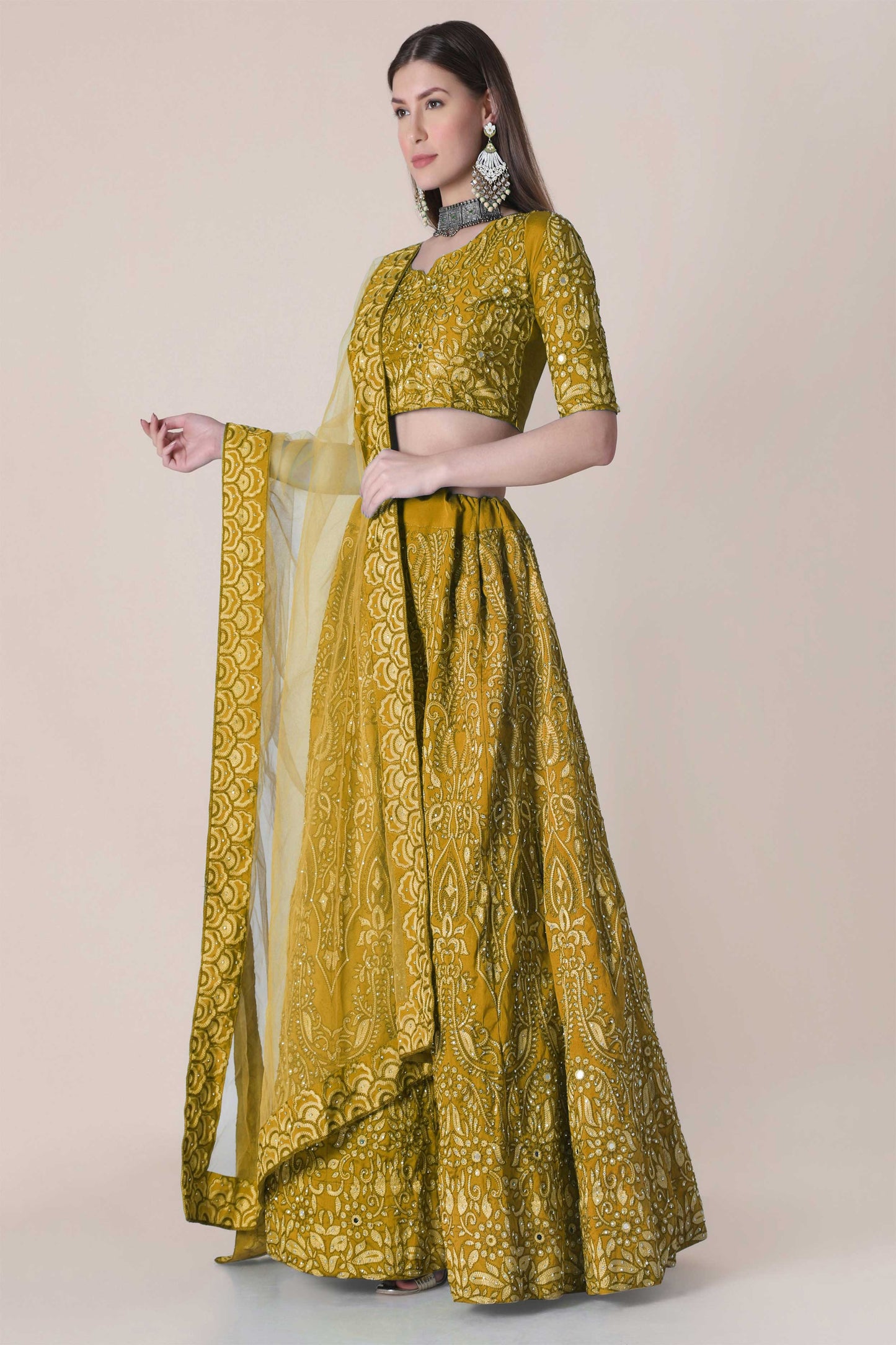 Bollyclues Women's Yellow Net Embroidered Semi-Stitched Lehenga Choli