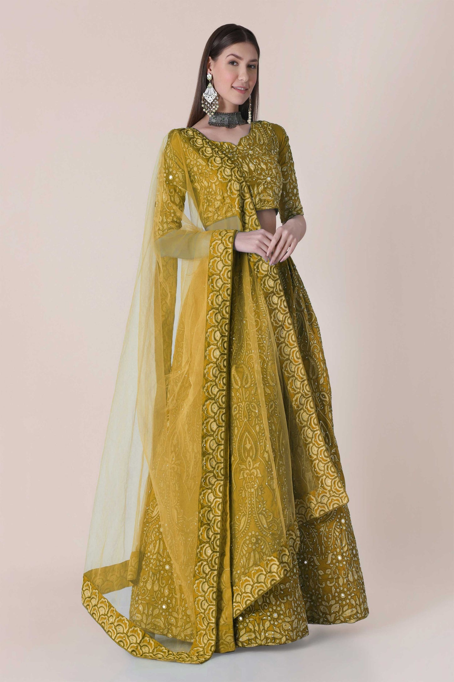 Bollyclues Women's Yellow Net Embroidered Semi-Stitched Lehenga Choli