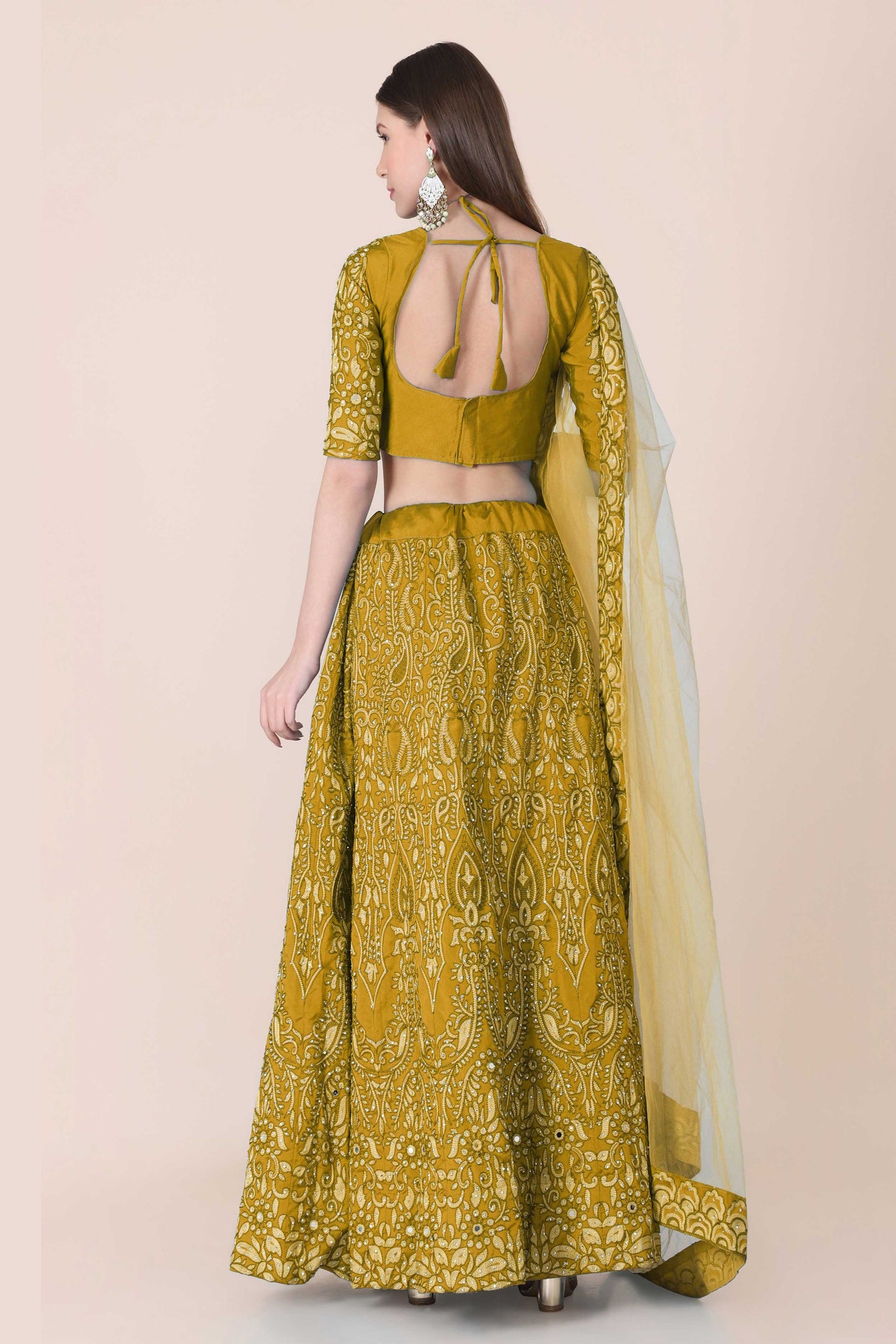 Bollyclues Women's Yellow Net Embroidered Semi-Stitched Lehenga Choli