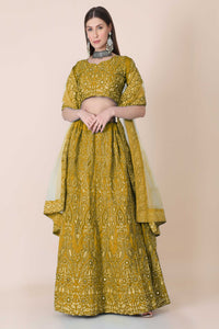 Bollyclues Women's Yellow Net Embroidered Semi-Stitched Lehenga Choli