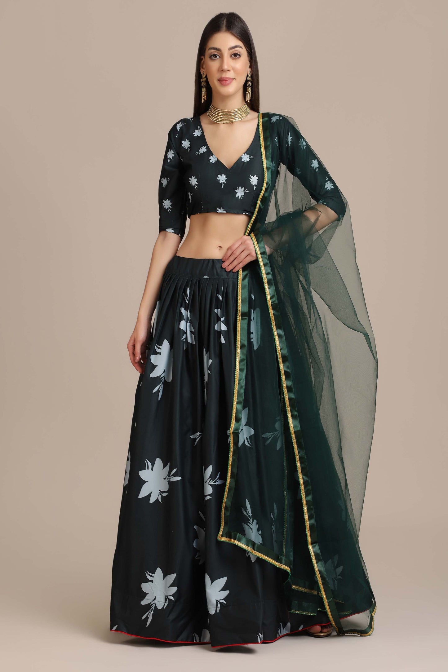 Darkest-Spruce Crepe Lehenga Choli with Floral Printed with Lace Work Net Dupatta