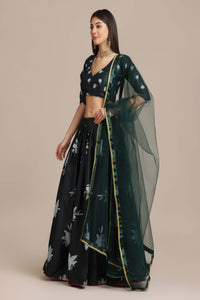 Darkest-Spruce Crepe Lehenga Choli with Floral Printed with Lace Work Net Dupatta