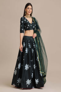 Darkest-Spruce Crepe Lehenga Choli with Floral Printed with Lace Work Net Dupatta