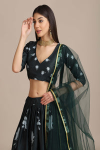 Darkest-Spruce Crepe Lehenga Choli with Floral Printed with Lace Work Net Dupatta