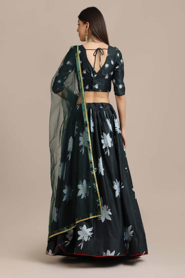 Darkest-Spruce Crepe Lehenga Choli with Floral Printed with Lace Work Net Dupatta