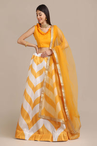 Yellow Banglory Silk Bold Chevron Pattern Print Lehenga Choli with Net Lace Work Dupatta