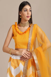 Yellow Banglory Silk Bold Chevron Pattern Print Lehenga Choli with Net Lace Work Dupatta