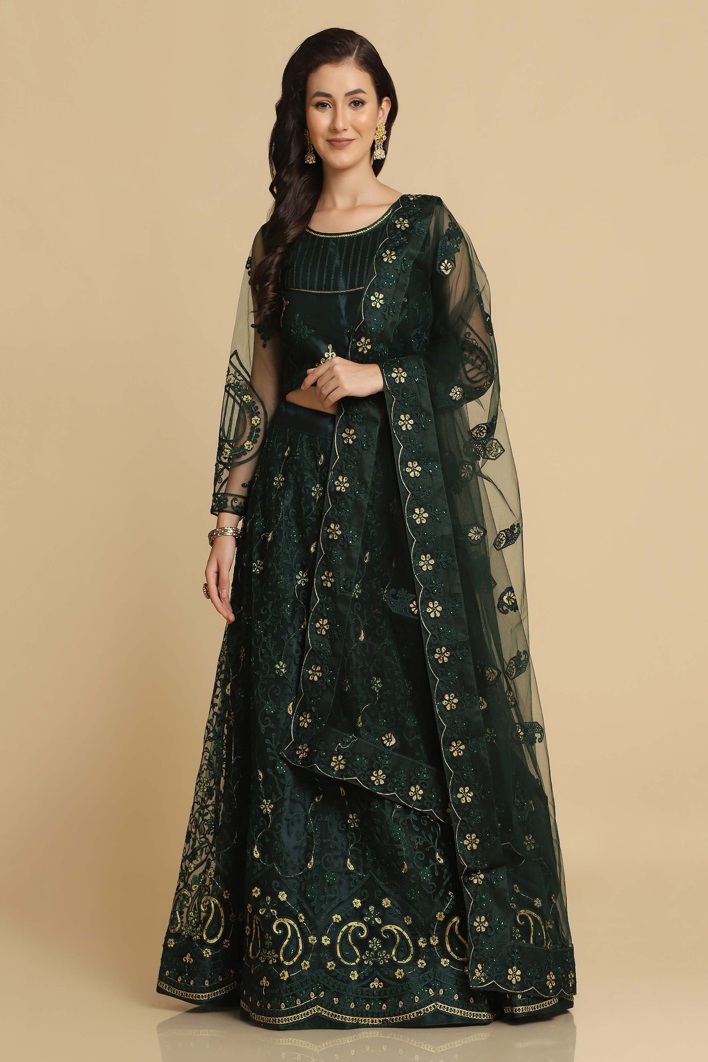 Bistro-Green Net Lehenga Choli with Thread Embroidery Phool Bail-Mughal Motif with Lace Diamond Work Dupatta