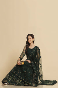 Bistro-Green Net Lehenga Choli with Thread Embroidery Phool Bail-Mughal Motif with Lace Diamond Work Dupatta