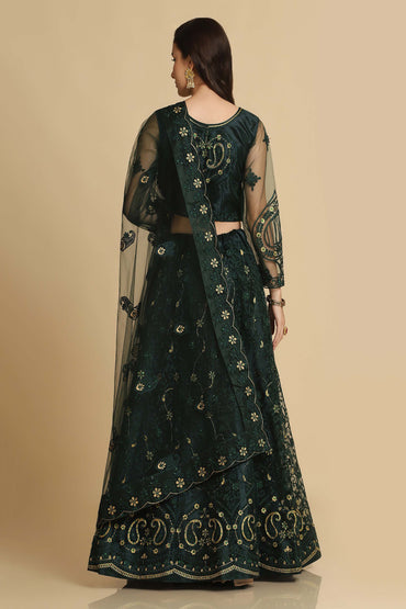 Bistro-Green Net Lehenga Choli with Thread Embroidery Phool Bail-Mughal Motif with Lace Diamond Work Dupatta