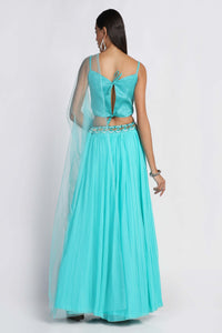 Tanager-Turquoise Pleated Style Georgette Lehenga with Taffeta Silk Embroidered Choli and Net Dupatta