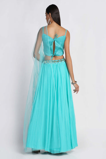 Tanager-Turquoise Pleated Style Georgette Lehenga with Taffeta Silk Embroidered Choli and Net Dupatta