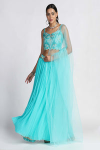 Tanager-Turquoise Pleated Style Georgette Lehenga with Taffeta Silk Embroidered Choli and Net Dupatta