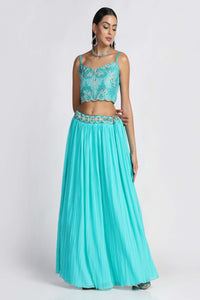 Tanager-Turquoise Pleated Style Georgette Lehenga with Taffeta Silk Embroidered Choli and Net Dupatta