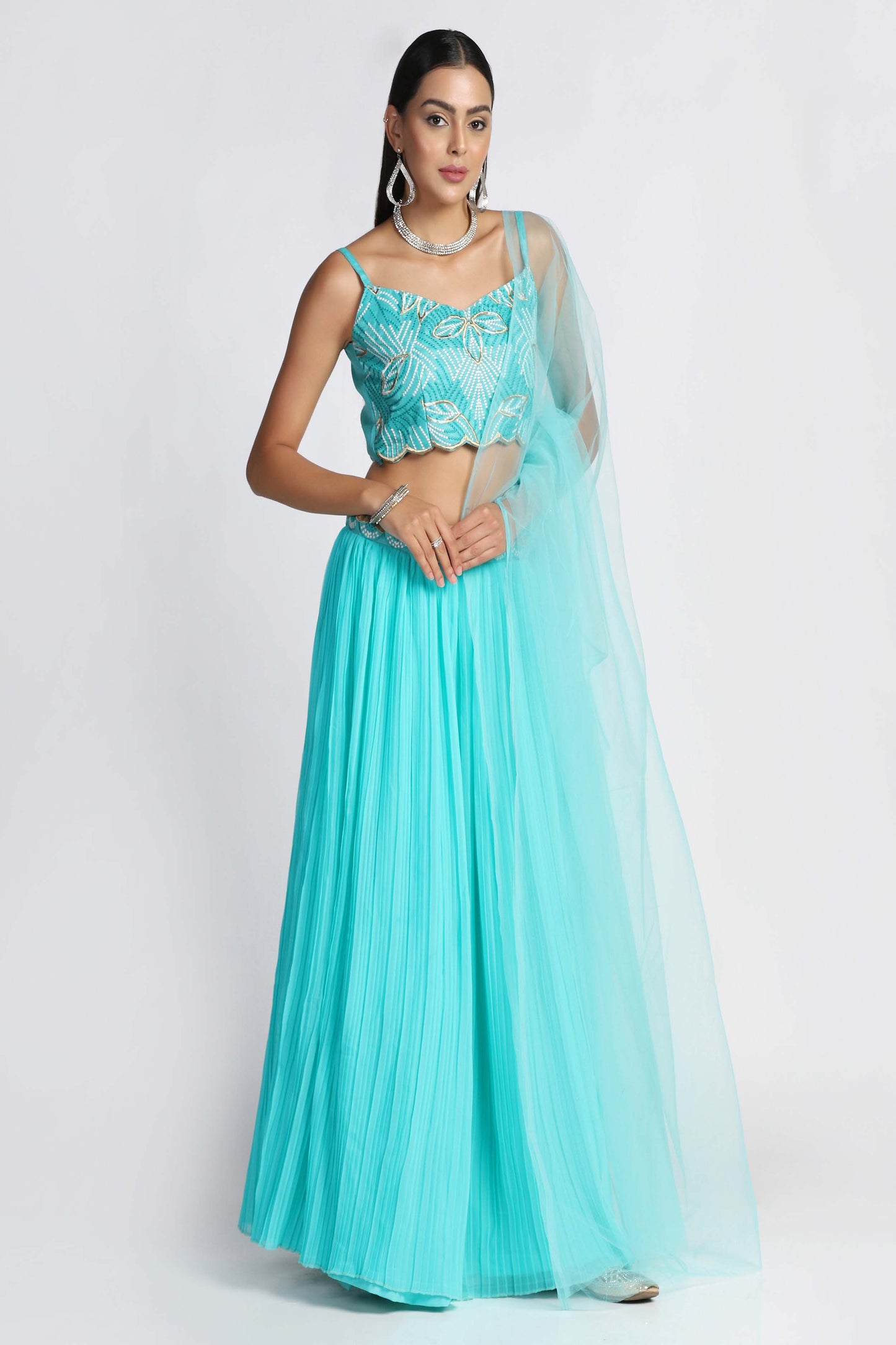 Tanager-Turquoise Pleated Style Georgette Lehenga with Taffeta Silk Embroidered Choli and Net Dupatta