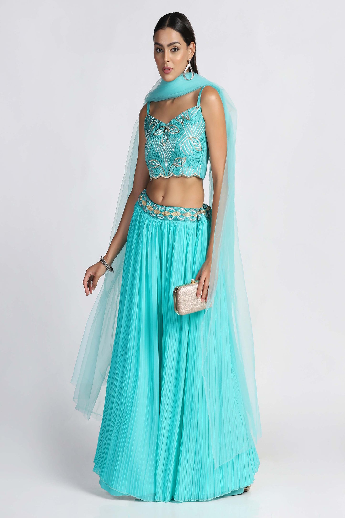 Tanager-Turquoise Pleated Style Georgette Lehenga with Taffeta Silk Embroidered Choli and Net Dupatta