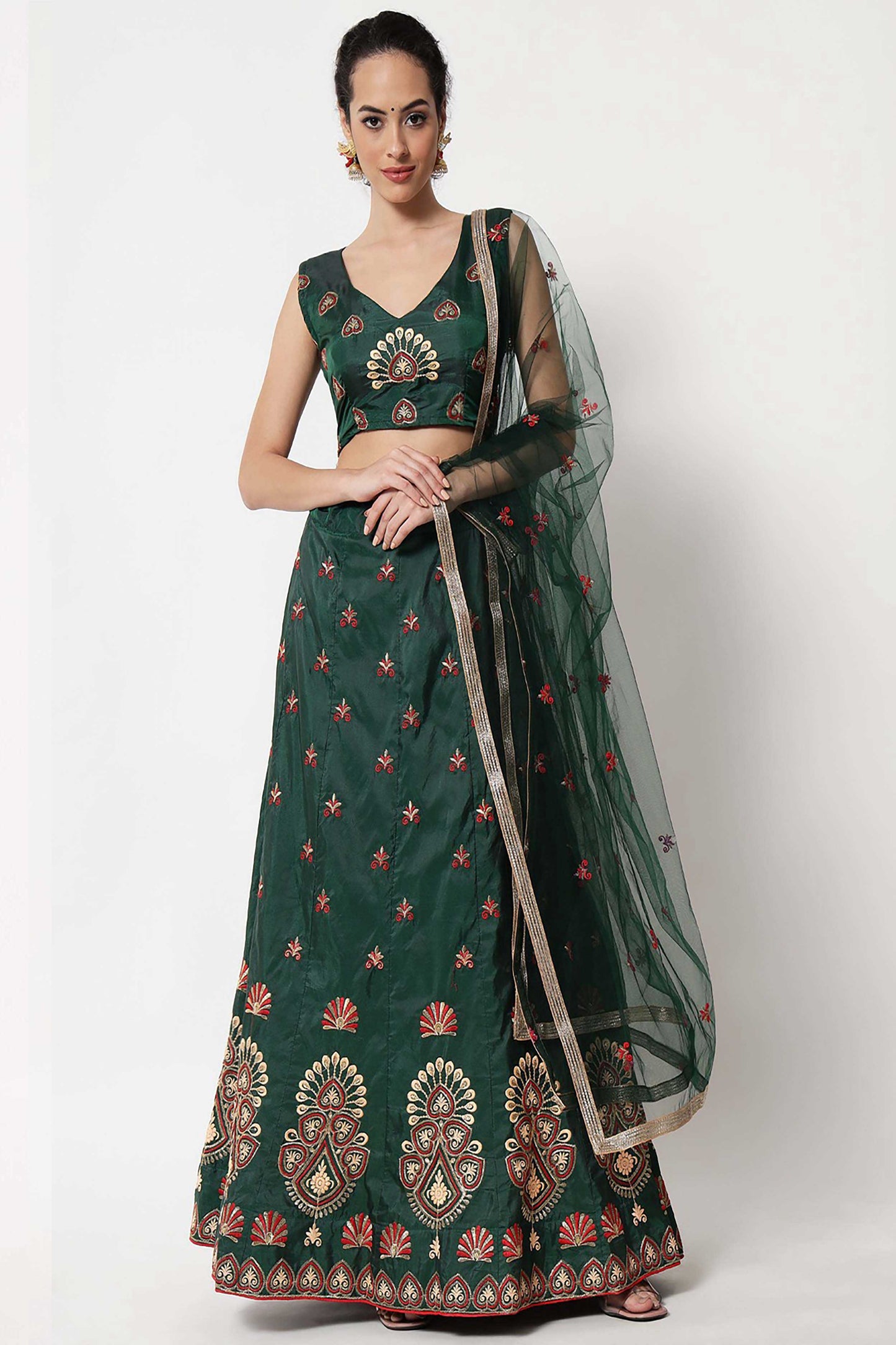 Green Embroidered Art Silk Lehenga Choli