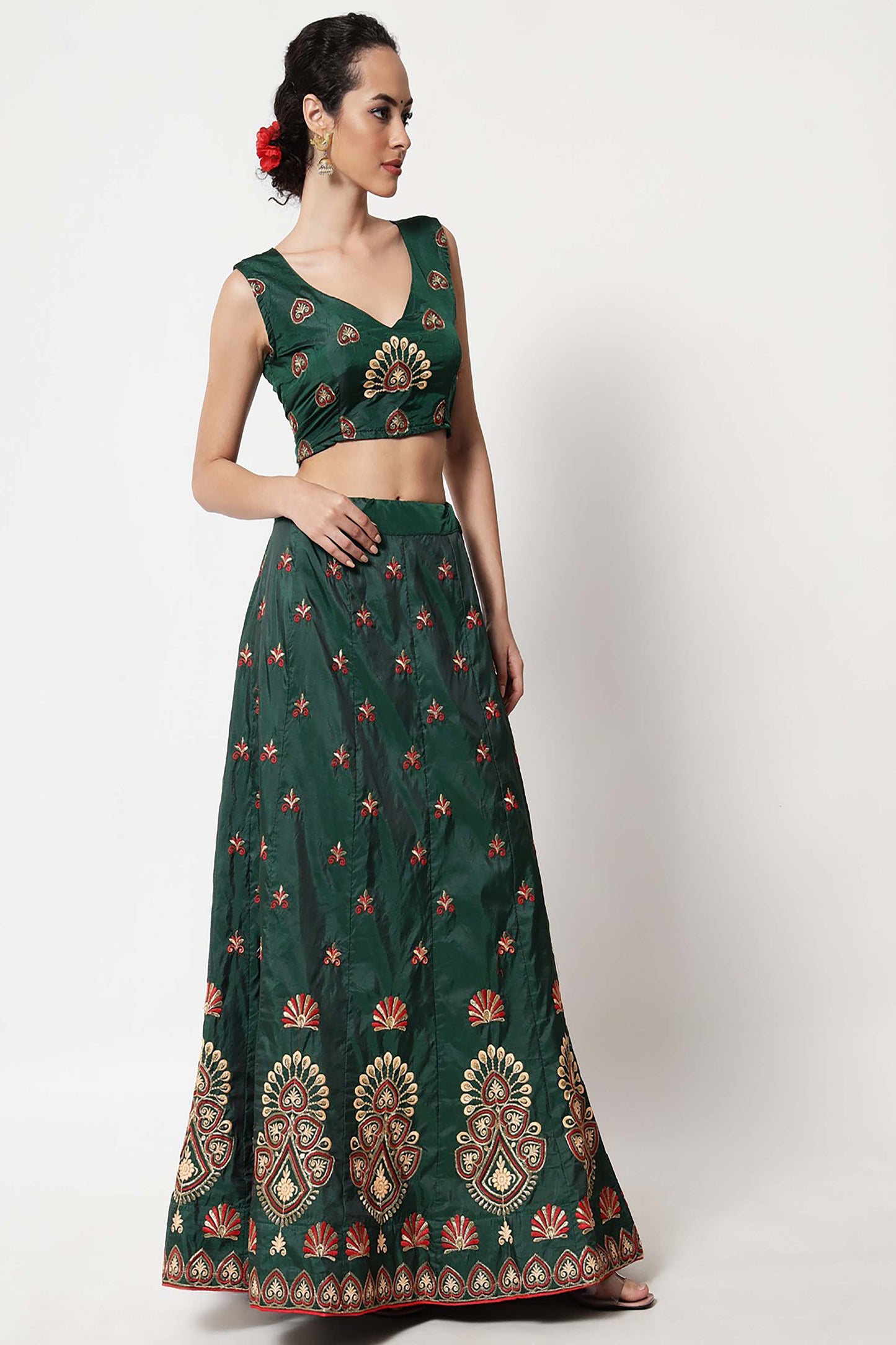 Green Embroidered Art Silk Lehenga Choli