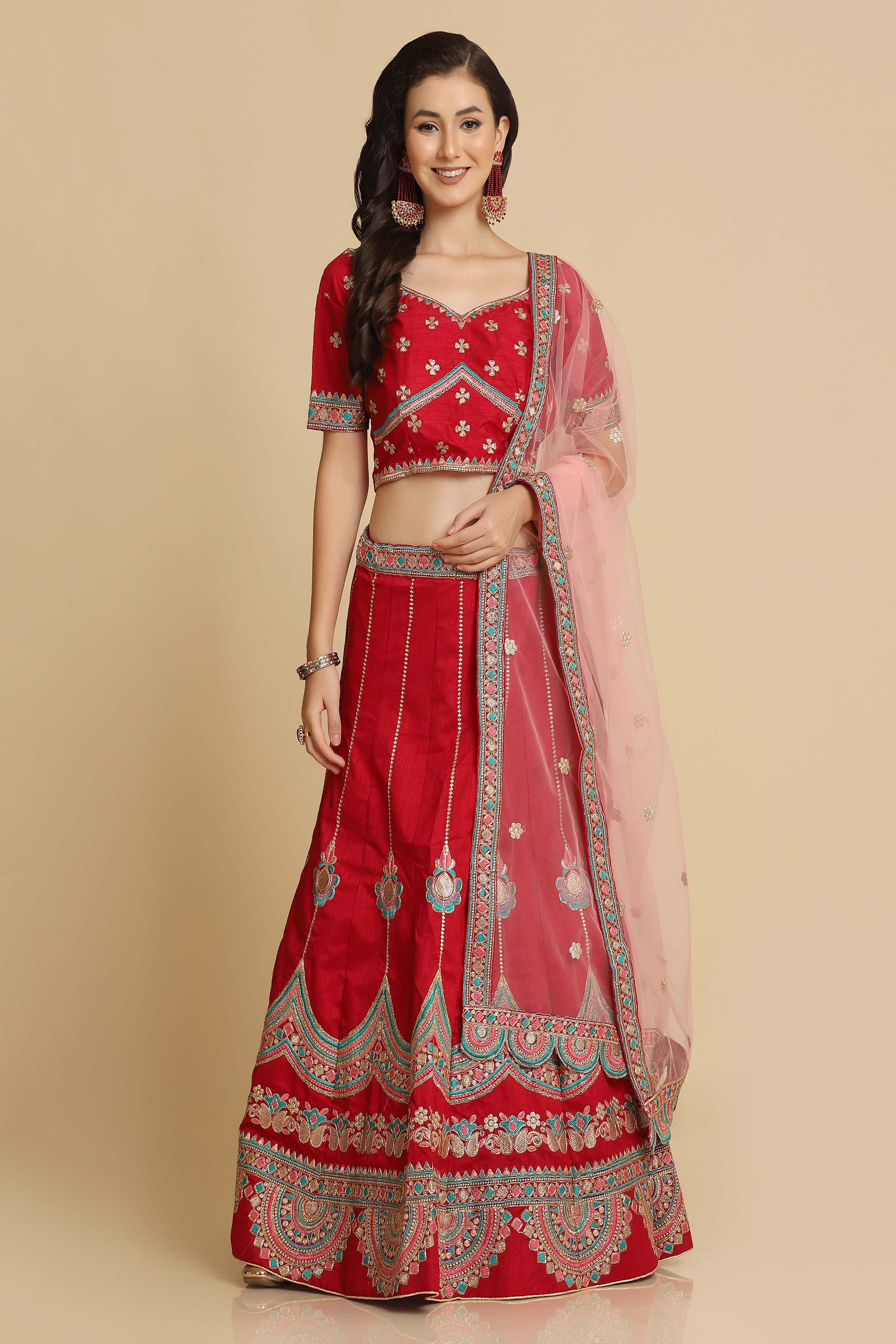 Maroon Embroidered Thread Work Semi-Stitched Lehenga & Unstitched Blouse With Dupatta