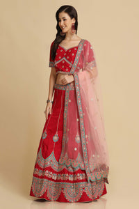 Maroon Embroidered Thread Work Semi-Stitched Lehenga & Unstitched Blouse With Dupatta