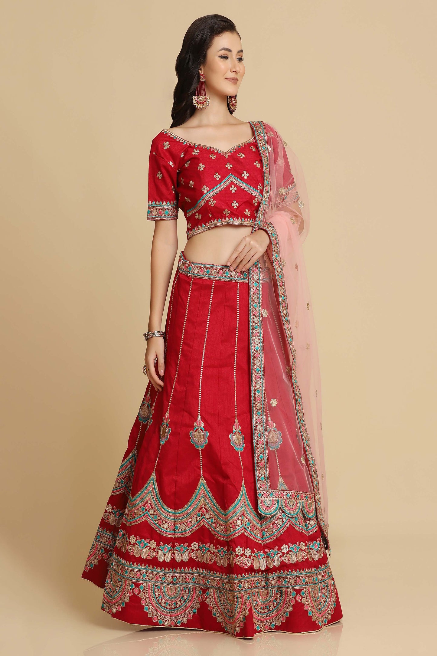 Maroon Embroidered Thread Work Semi-Stitched Lehenga & Unstitched Blouse With Dupatta