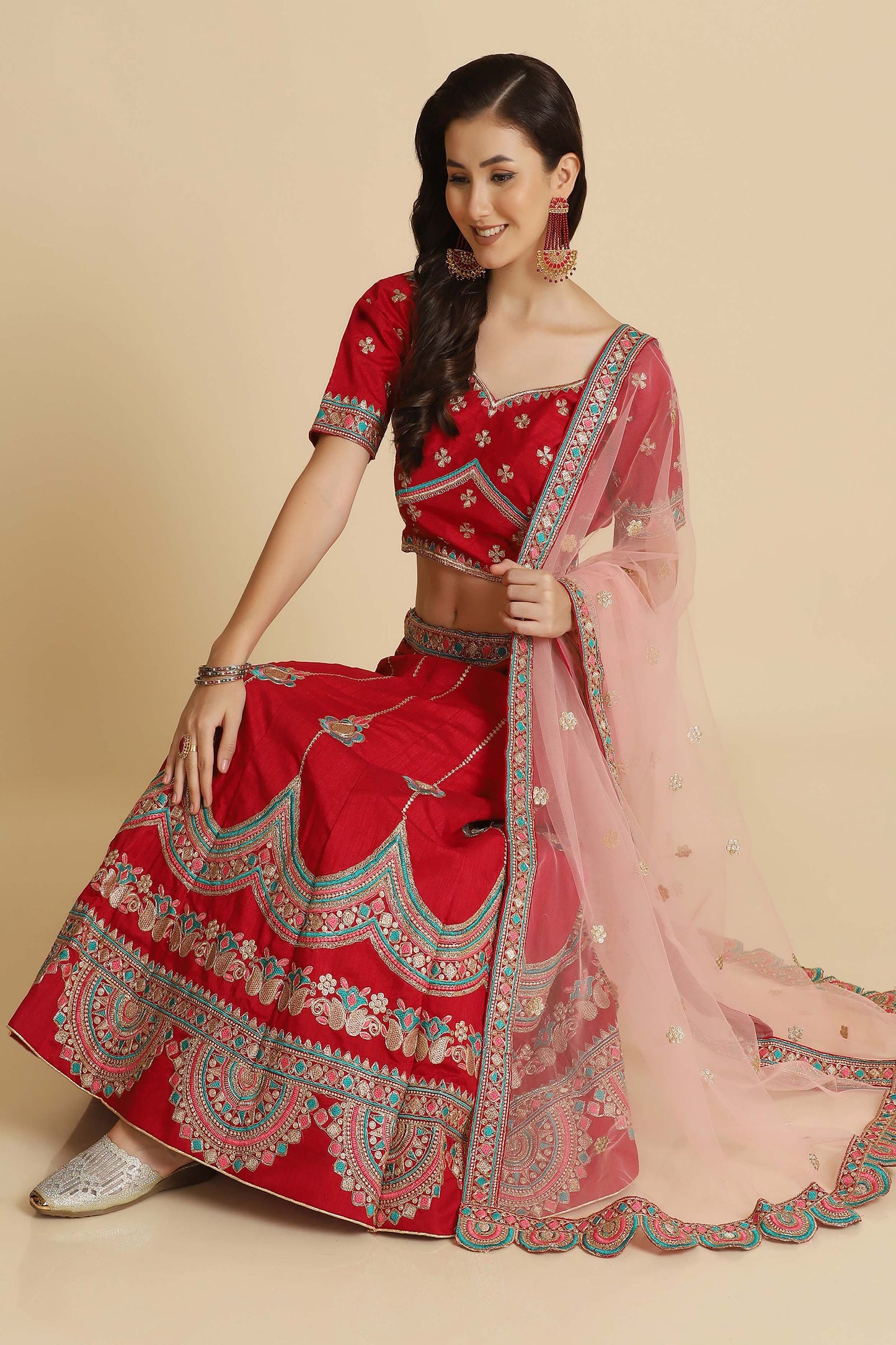 Maroon Embroidered Thread Work Semi-Stitched Lehenga & Unstitched Blouse With Dupatta