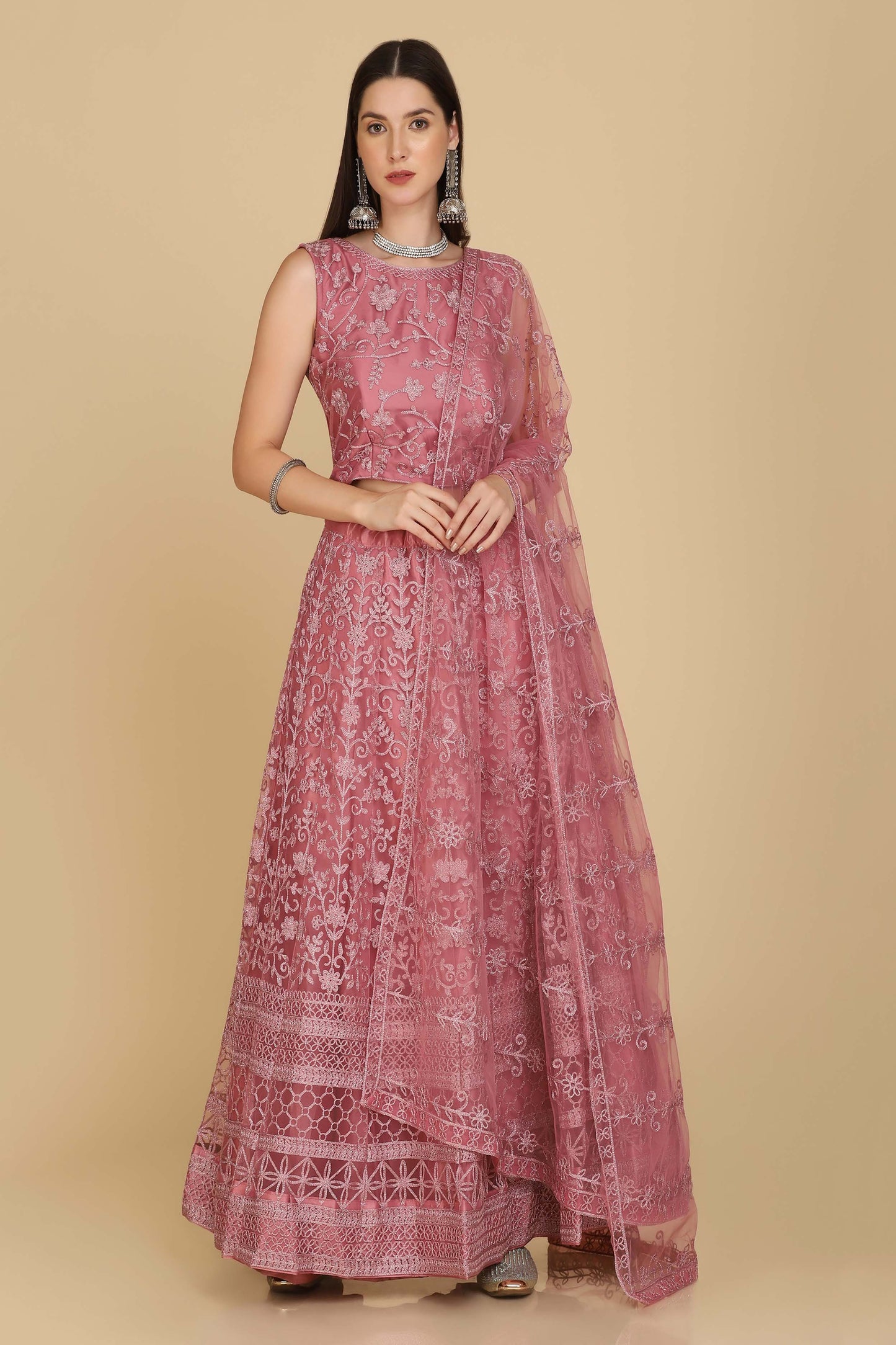 Dusty-Pink Net Scroll Motif Embroidered Lehenga Choli with Thread Work and Matching Dupatta